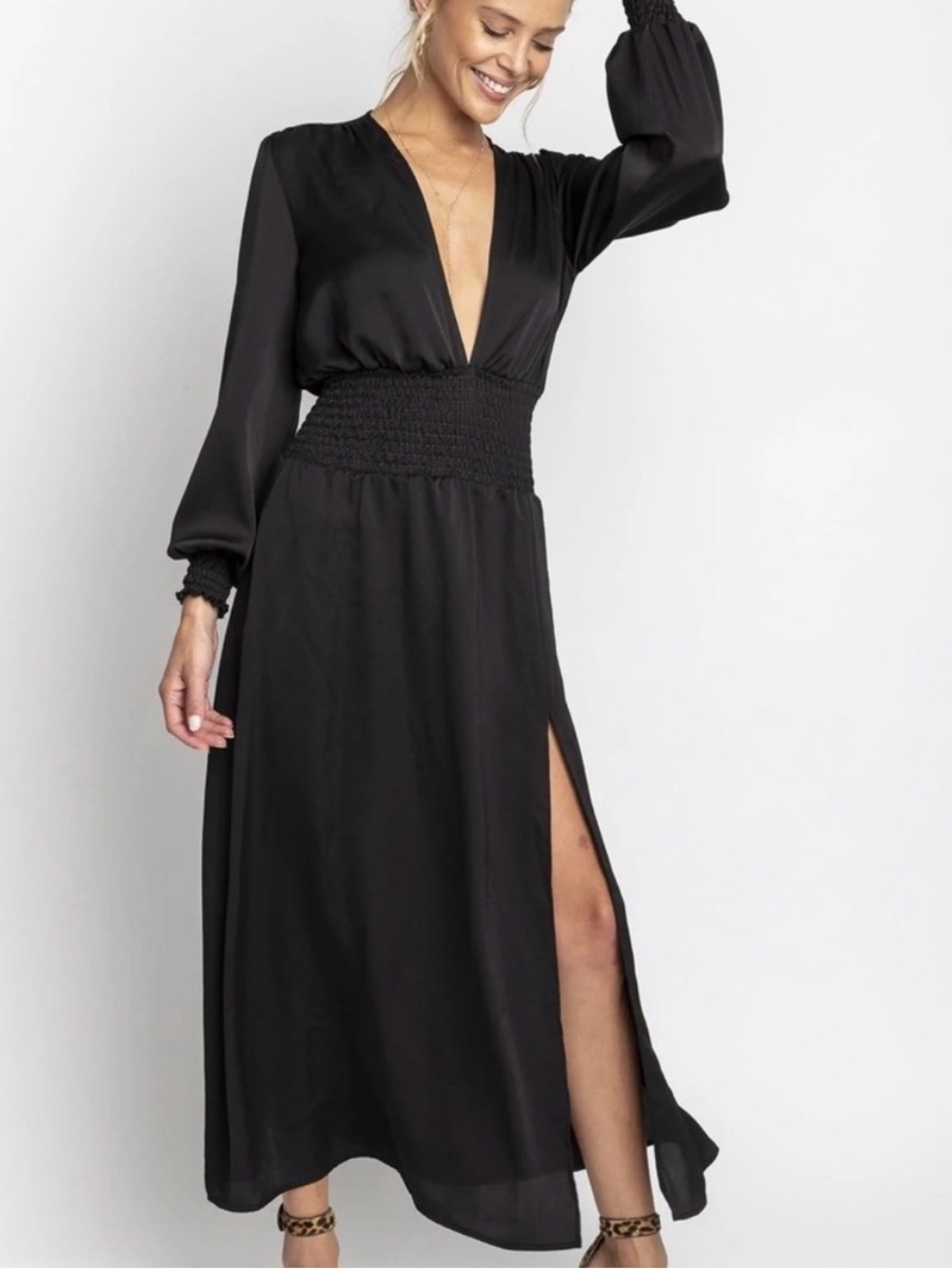 RESA Black Jade Deep-V Smocked Waist Maxi Dress